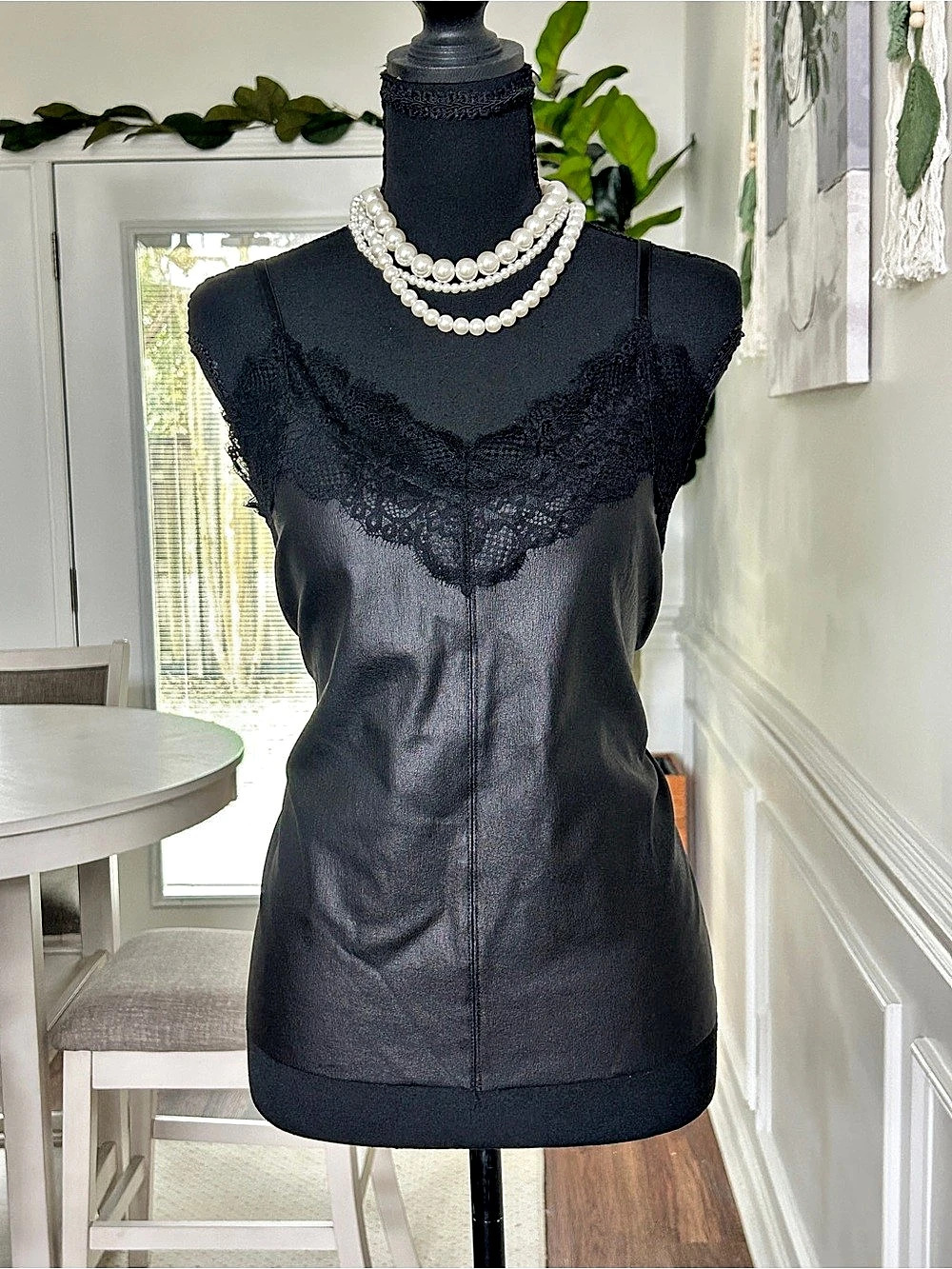 H&M Faux Leather Black Lace Trim Camisole